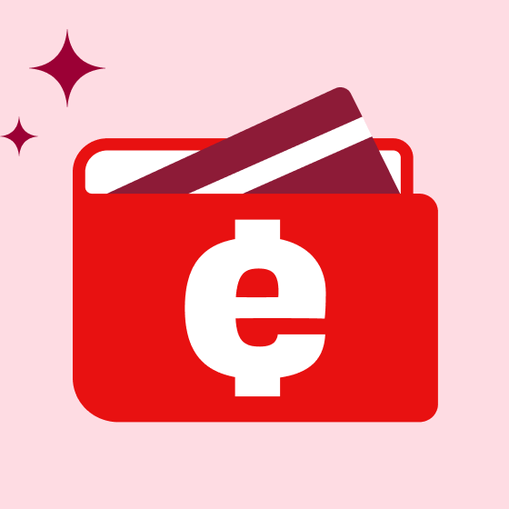 eWallet logo: a white lowercase e on a red wallet with a credit card spilling out behind