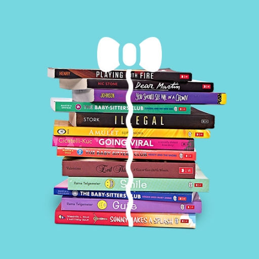 Stack of books bound together with animated string 