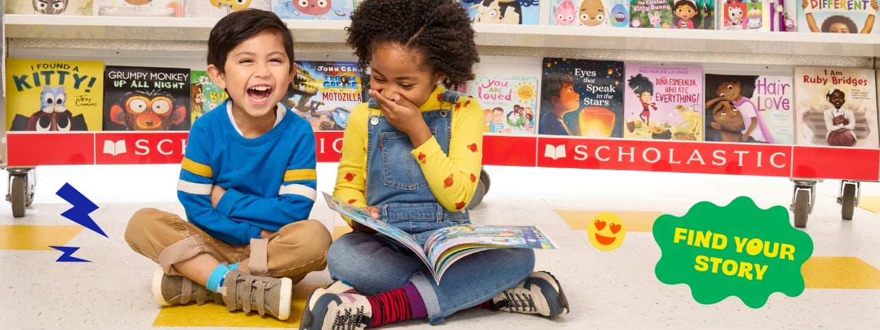 Two students giggle in front of fully stocked Book Fair bookshelves while reading a book, with a text bubble reading find your story