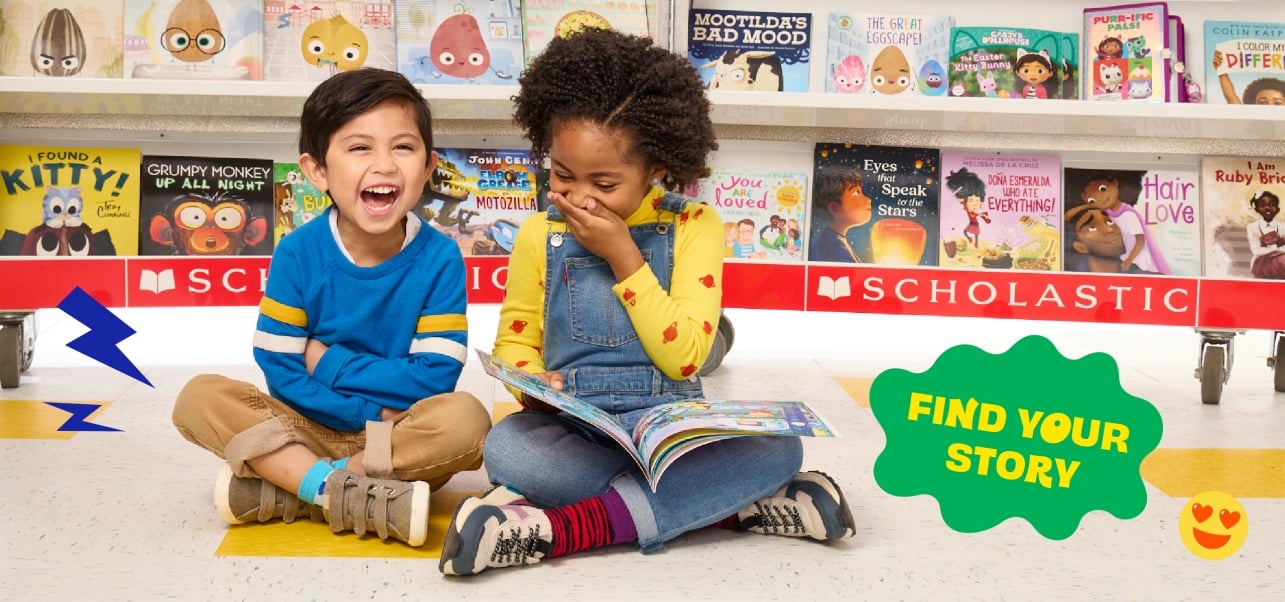 Two students giggle in front of fully stocked Book Fair bookshelves while reading a book, with a text bubble reading find your story