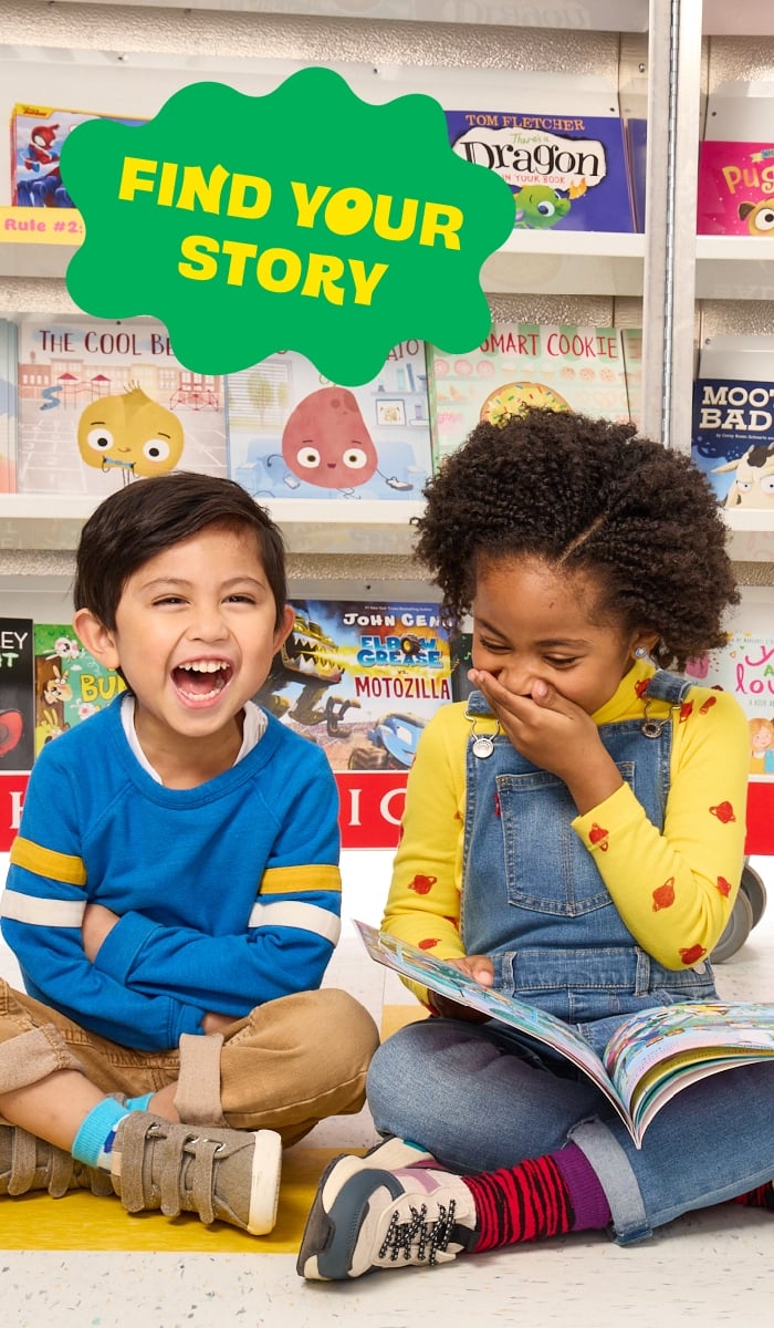 Two students giggle in front of fully stocked Book Fair bookshelves while reading a book, with a text bubble reading find your story