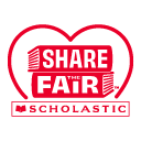 Share the Fair logo: three stacked books with Share the Fair on each spine from top to bottom, over the Scholastic logo and surrounded by a heart outline