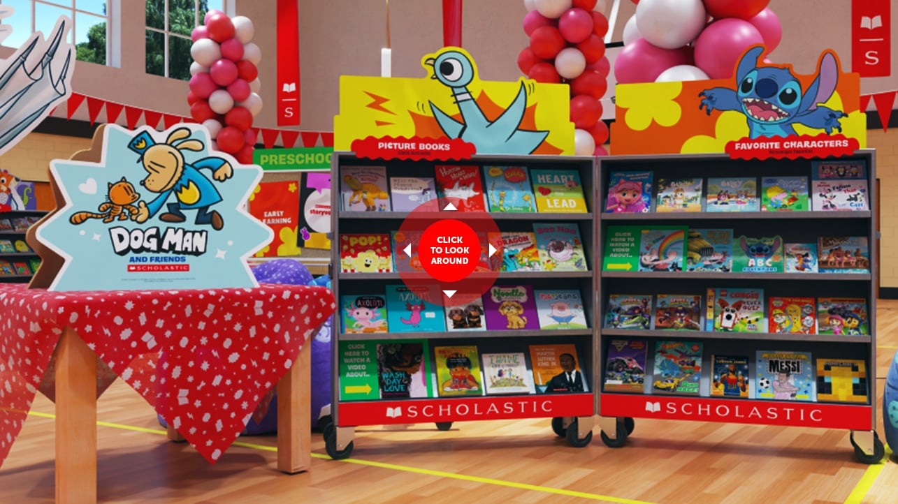 Enter the virtual Book Fair experience: an open book case with a digital compass that reads CLICK TO LOOK AROUND