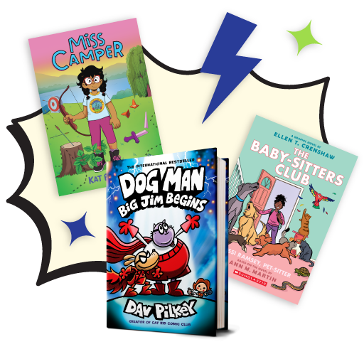 Popular Book Fair children's graphic novels including 'Miss Camper' by Kat Leyh, 'Dog Man: Big Jim Begins' by Dav Pilkey, and 'The Baby-Sitters Club' adapted by Ellen T. Crenshaw, displayed with colorful covers and dynamic design elements like stars and lightning bolts.