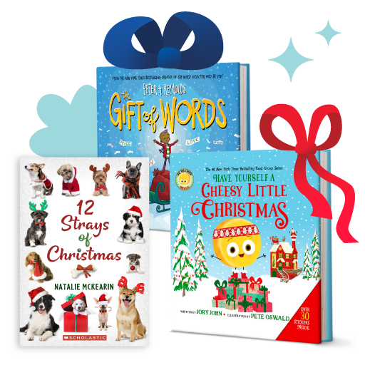 Three Christmas-themed children's books—'Gift of Words' by Peter H. Reynolds, '12 Strays of Christmas' by Natalie McKearn, and 'Have Yourself a Cheesy Little Christmas' by Jory John and Pete Oswald—displayed with festive holiday decorations like bows and stars, perfect for holiday reading and gift ideas.