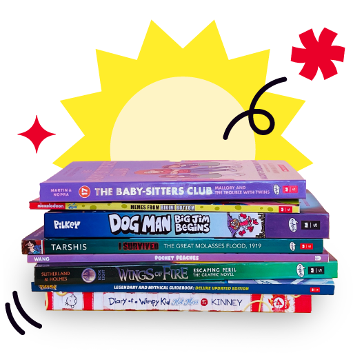Stack of popular children's books—'Dog Man,' 'Diary of a Wimpy Kid,' 'Wings of Fire,' and more—on a bright, playful background.