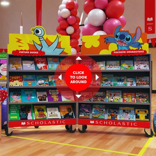 Enter the virtual Book Fair experience: an open book case with a digital compass that reads CLICK TO LOOK AROUND