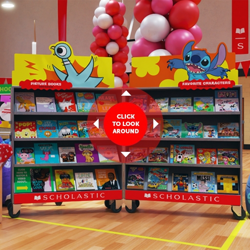 Enter the virtual Book Fair experience: an open book case with a digital compass that reads CLICK TO LOOK AROUND
