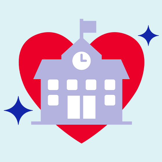 School icon on a red heart background
