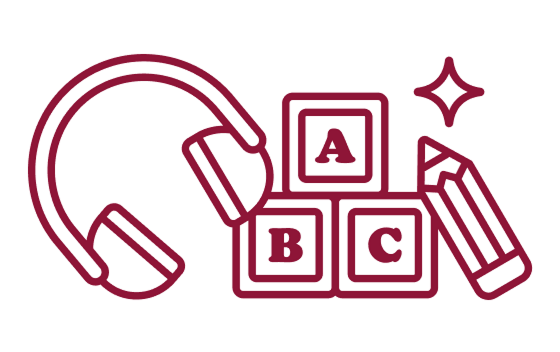 Headphones, alphabet blocks, and pencil icon
