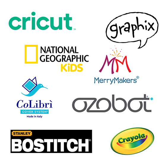 Logos for brands including: Cricut, graphix, National Geographic Kids, Merry Makers, CoLibri, ozobot, Bostitch, and Crayola