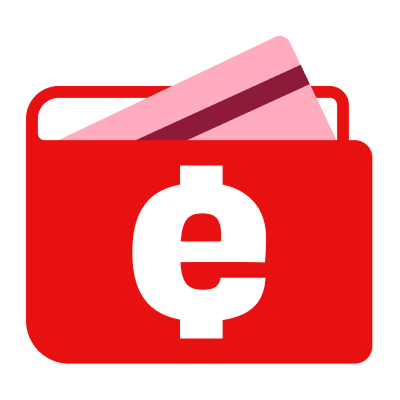 eWallet logo: a white lowercase e on a red wallet with a credit card spilling out behind