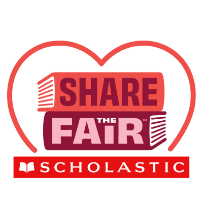 Share the Fair logo: three stacked books with Share the Fair on each spine from top to bottom, over the Scholastic logo and surrounded by a heart outline