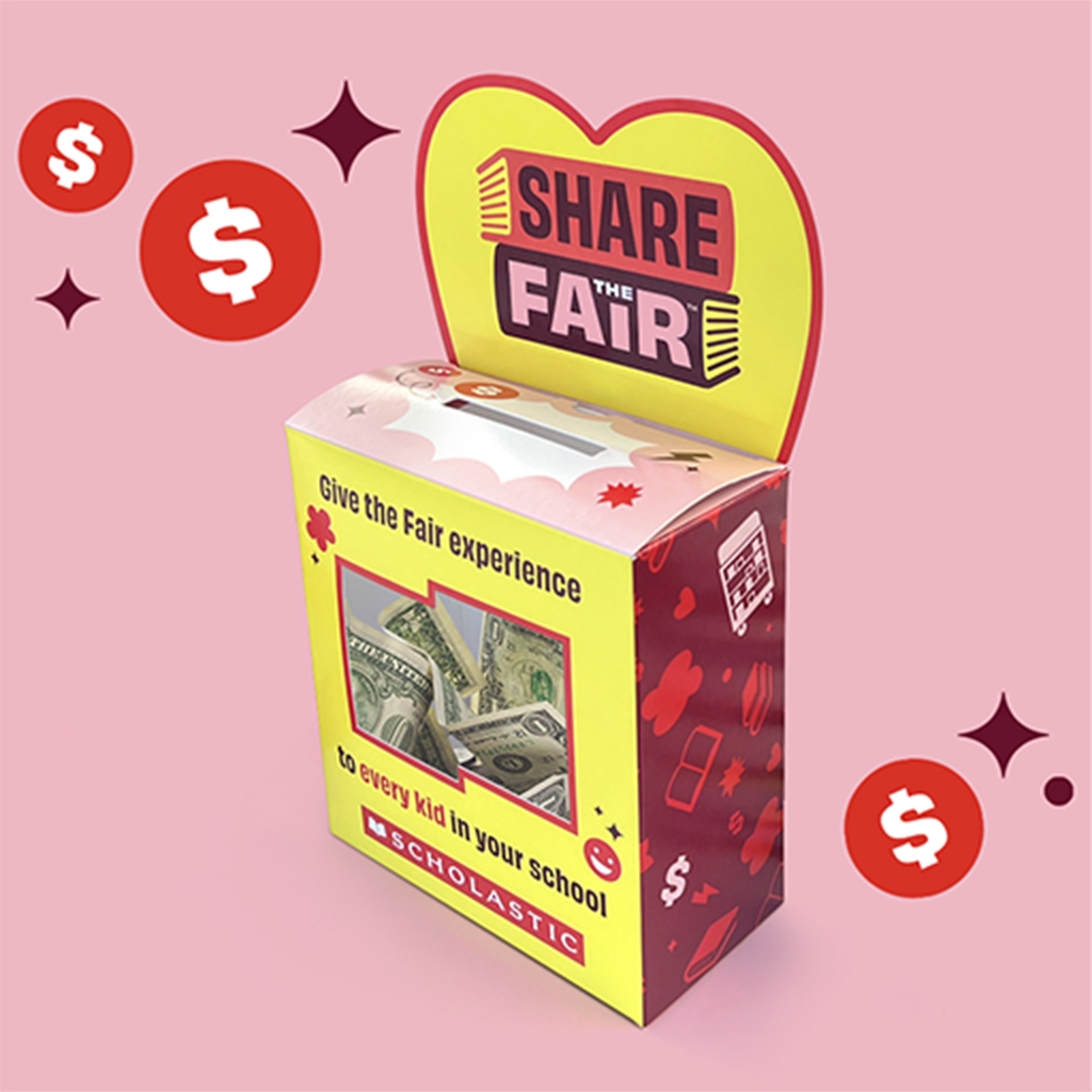 Share the Fair coin box with logo filled with dollar bills and coins