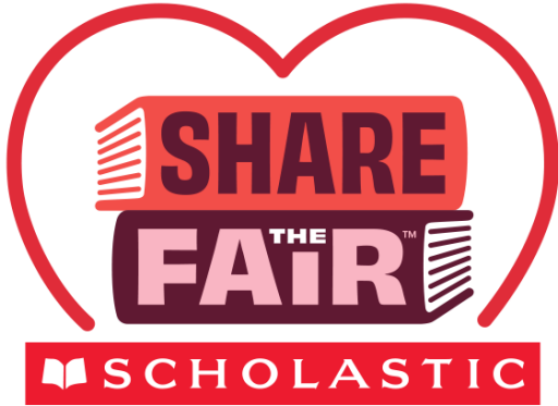 Share the Fair logo: three stacked books with Share the Fair on each spine from top to bottom, over the Scholastic logo and surrounded by a heart outline