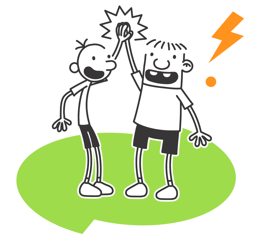 Diary of a Wimpy Kid characters high five on a festive background